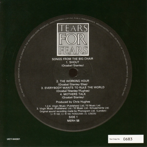 original label front, Tears For Fears - Songs From The Big Chair +20